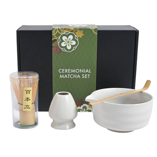 4-Piece Ceremonial Matcha Gift Set with Whisk, Stand and Scoop – White, 12 oz