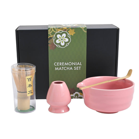 4-Piece Ceremonial Matcha Gift Set with Whisk, Stand and Scoop – Pink, 12 oz