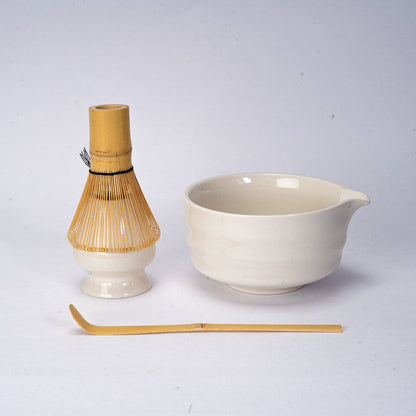 4-Piece Ceremonial Matcha Gift Set with Whisk, Stand and Scoop – White, 12 oz